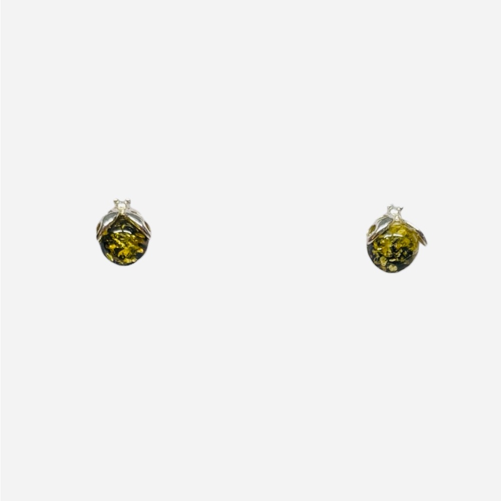 Silver and Green Amber Ladybug Stud Earrings